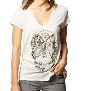 Zadig Voltaire Top Women L Tan Canetille Skull Beaded Festival Boho Western